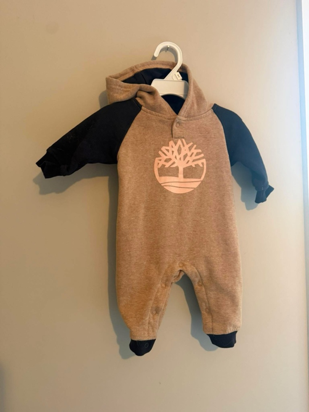 Timberland Brown & Black Hooded Baby Footie with Pink Logo